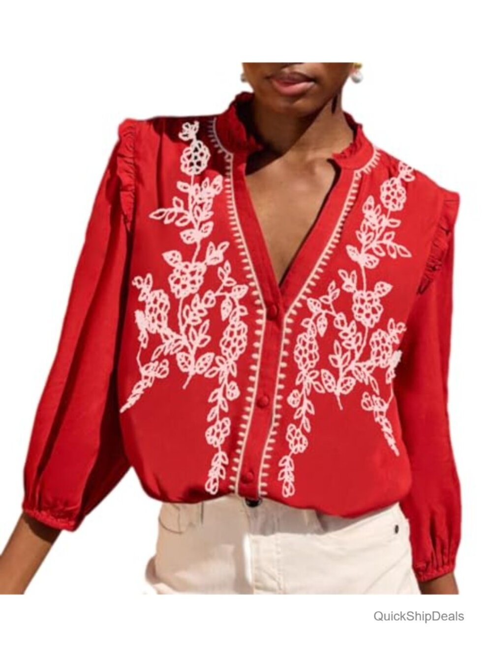 Melliflo Embroidered Peasant Blouse 3/4 Sleeve V Neck Button Down Top